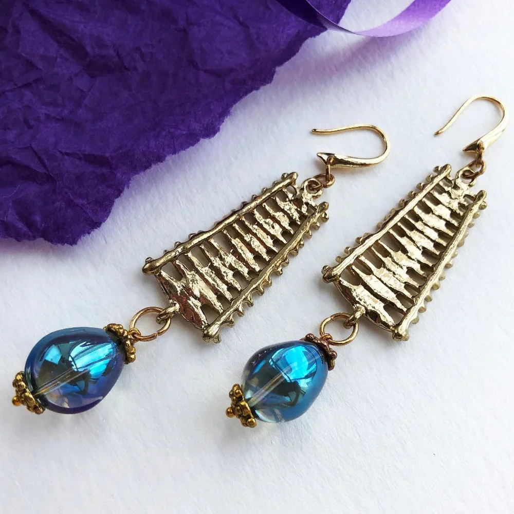 Long party earrings for women, glass bead drop dangle earrings gold handmade